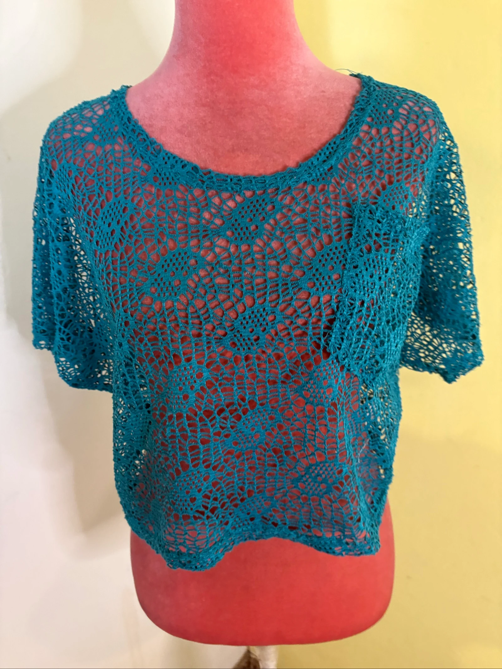 Blouse van gebreide katoen, petrolblauw - Strandkleding – photo 3
